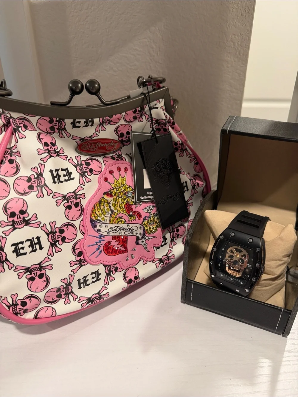 Ed Hardy Skull-Print Bag with Floating Skull Watch
